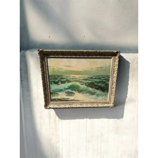 Italian 1950s Italian Original Oil Seascape Signed A. Reyes, Macy’s / Reliable Newark, Ornate Gilt Frame For Sale - Image 3 of 11