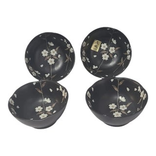 Vintage Asian Japanese Black Kafuh White Floral Small Serving Bowls- Set of 4 For Sale
