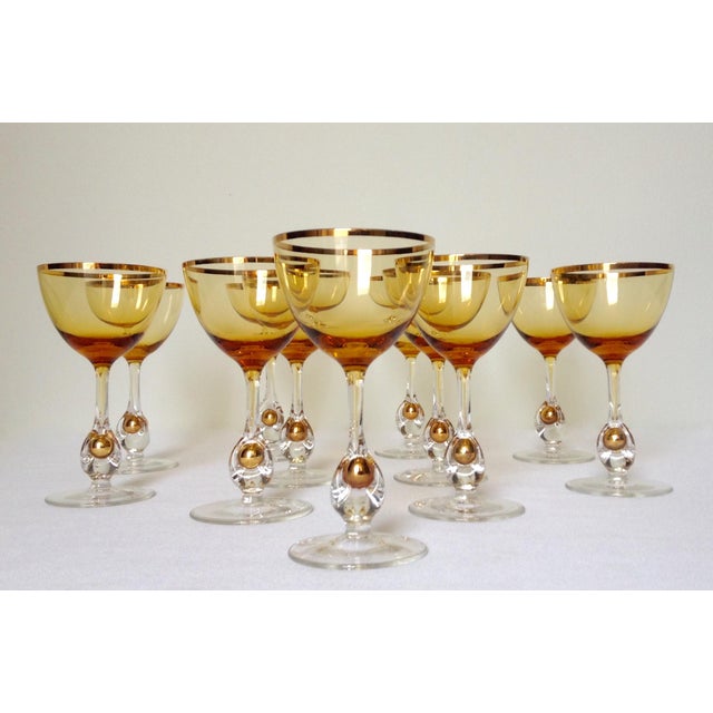 c1960s Italian Handblown Amber & Gilt Gold Crystal Aperitif Glasses