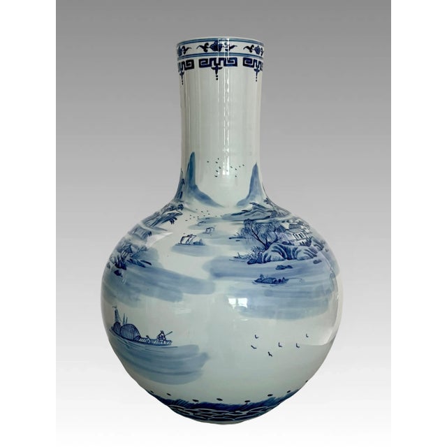 Japanese Large Chinese Artist Signed Blue and White Porcelain Floor Vase, Mountains, Lakes & Waterfalls (Shan Shui) Landscapes, For Sale - Image 3 of 16