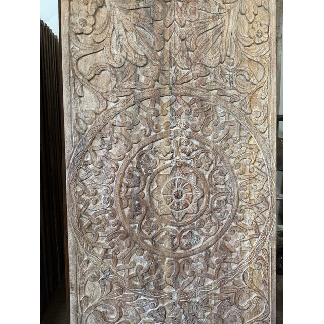 Vintage Lotus Mandala Carved Barn Door – Reclaimed Wood Boho Wall Panel 80x36 For Sale - Image 4 of 8