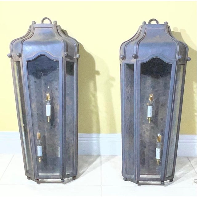 Black Large Exceptional Pair of Hand-Forged Iron Wall Lanterns Architectural Sconces For Sale - Image 8 of 14