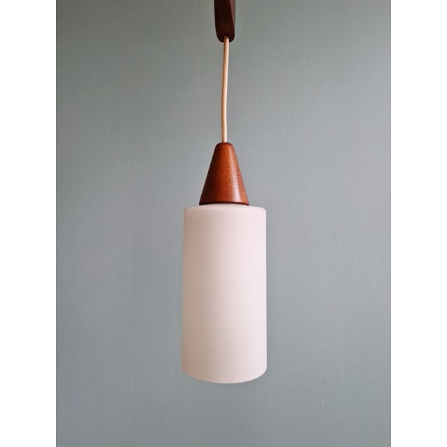 Large Scandinavian Chandelier in Teak and Satin White Opaline Glass, 1960s For Sale - Image 6 of 17