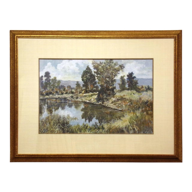 1990s Summer Pond Landscape Scene Gouache Painting, Framed For Sale