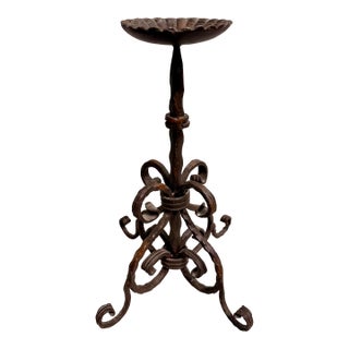 Vintage Spanish Revival Wrought Iron Hand-Forged Spiral Candlestick For Sale