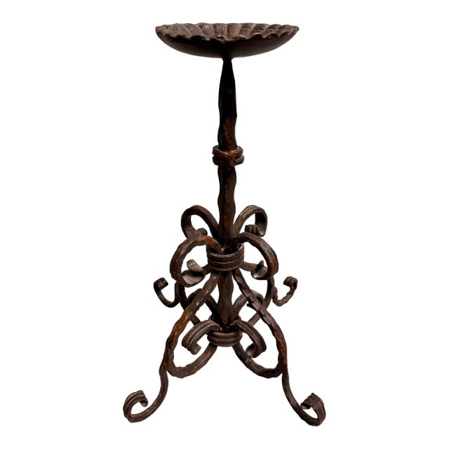 Vintage Spanish Revival Wrought Iron Hand-Forged Spiral Candlestick For Sale
