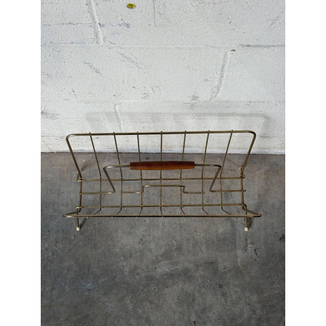 Brass Wire Magazine Holder With Wood Handle Mid-Century Modern 1960s For Sale - Image 4 of 10