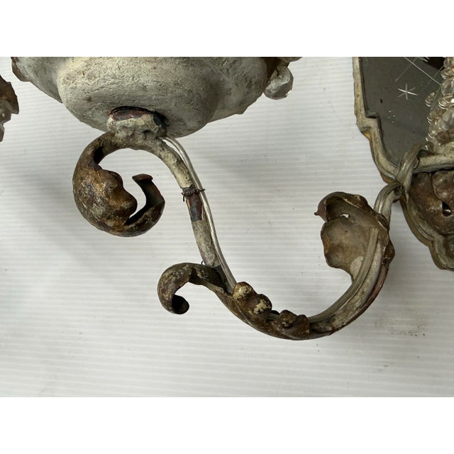 Antique Early 20th Century Etched Mirror Dual Arm Wall Sconces, Pair For Sale - Image 11 of 12