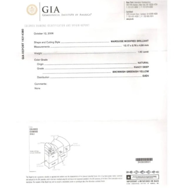Metal Gia Certified 1.92 Carat Brownish Greenish Yellow Marquise Cut Diamond Ring Size 5.75 For Sale - Image 7 of 7