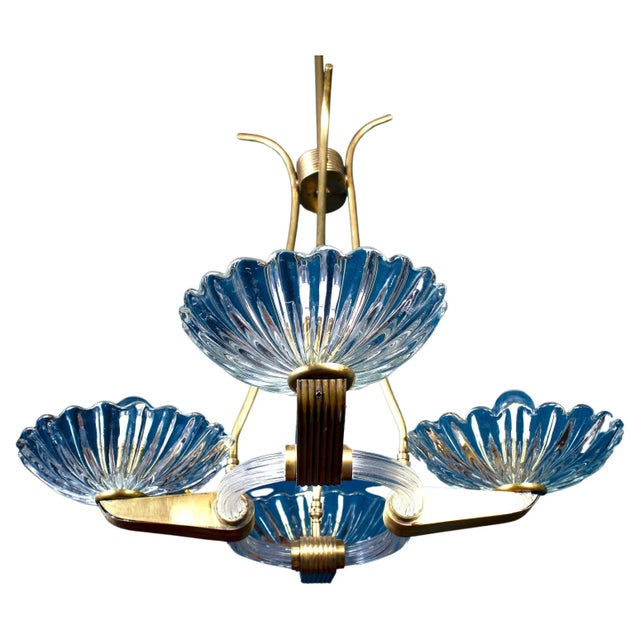Blue Art Deco Brass Mounted Murano Glass Chandelier attributed to Barovier, 1940s For Sale - Image 8 of 8