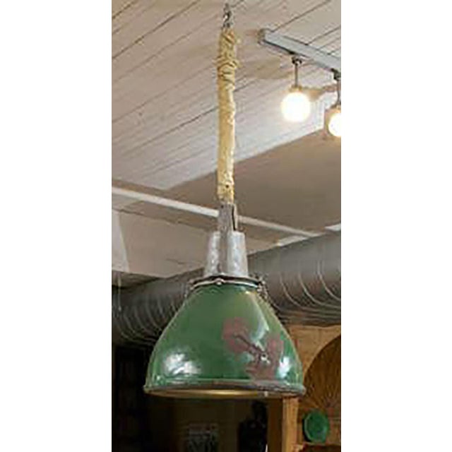 Green painted industrial hanging lantern, English circa 1900; recently re-wired.