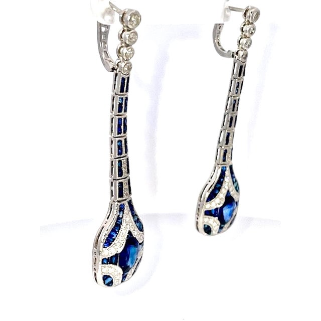 1960s Pair of Art Deco Sapphire and Diamond Drop Earrings For Sale - Image 9 of 10