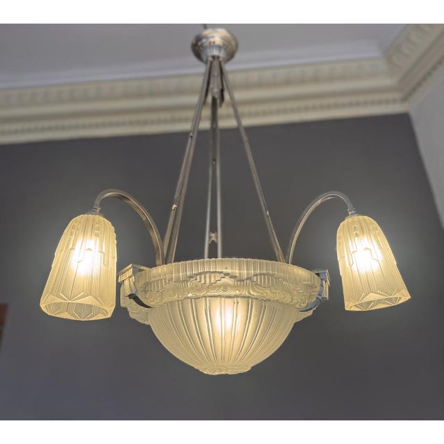 Art Deco Chandelier in Nickel-Plated Bronze by Georges Leleu Jehel, 1930 For Sale - Image 11 of 18