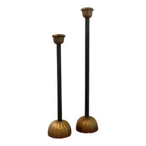 Antique Japanese Meiji Tall Bronze Shokudai Floor Candle Holders - Set of 2