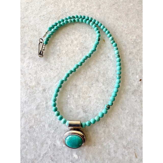 American Turquoise Beaded Necklace With Sterling Silver and Turquoise Pendant For Sale - Image 3 of 4