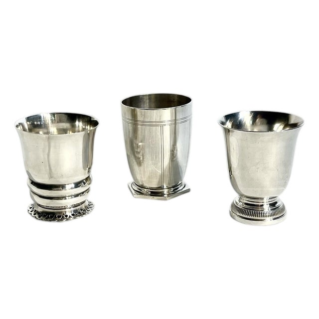 French Art Deco Small Silver Plate Cups or Matchstick Holders Including Christofle - Set of 3 For Sale