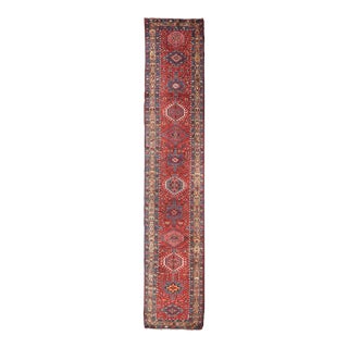 Antique Persian Heriz Long Runner With Geometric Medallions in Red, Teal, Orange, Blue, Yellow For Sale