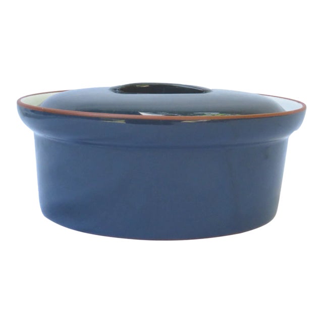 Vintage Blue Glazed Terracotta Casserole W/ Lid For Sale