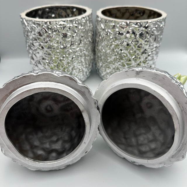 Pair Large 13.5" Silver Italian Ceramic Pineapple Canister Pottery Jars Green Lid For Sale - Image 4 of 8