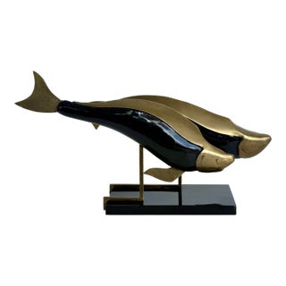 Vintage Brass and Wood Sculpture Depicting Two Fish For Sale