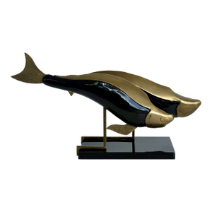 Vintage Brass and Wood Sculpture Depicting Two Fish
