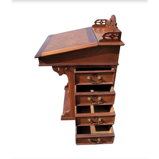5-Drawer Mahogany Davenport Desk With Tooled Leather Top and Gallery For Sale - Image 4 of 13