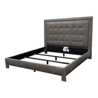Eastern King Size Ethan Allen Tufted Nailhead Leather Bed Frame For Sale