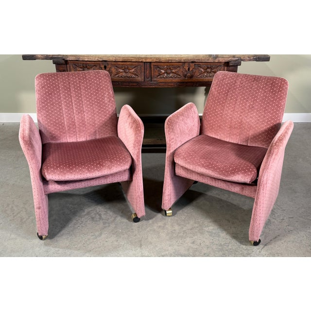 This pair of Chromcraft upholstered armchairs features a sculptural low profile form with softly curved arms, a tall...