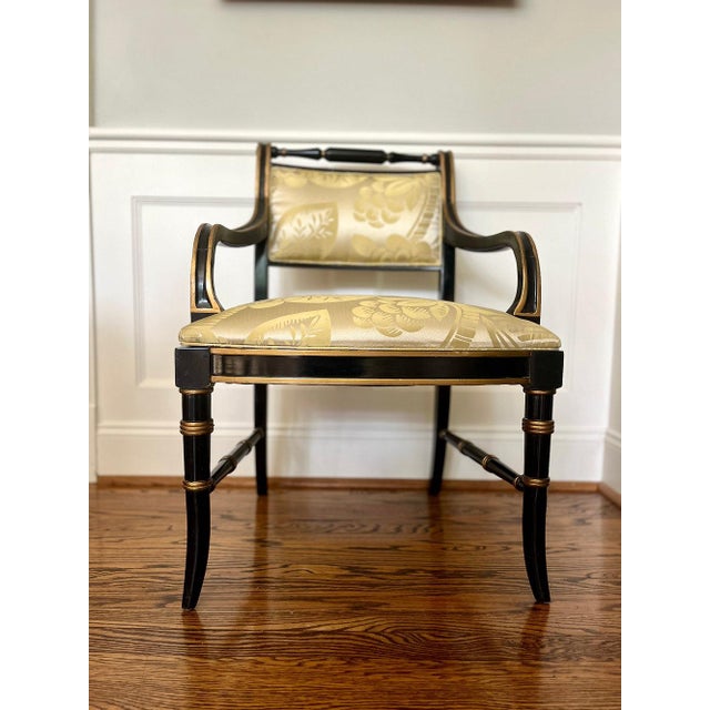 Traditional Vintage Regency Style Ebonized Chairs in Scalamandré Silk, a Pair For Sale - Image 3 of 9