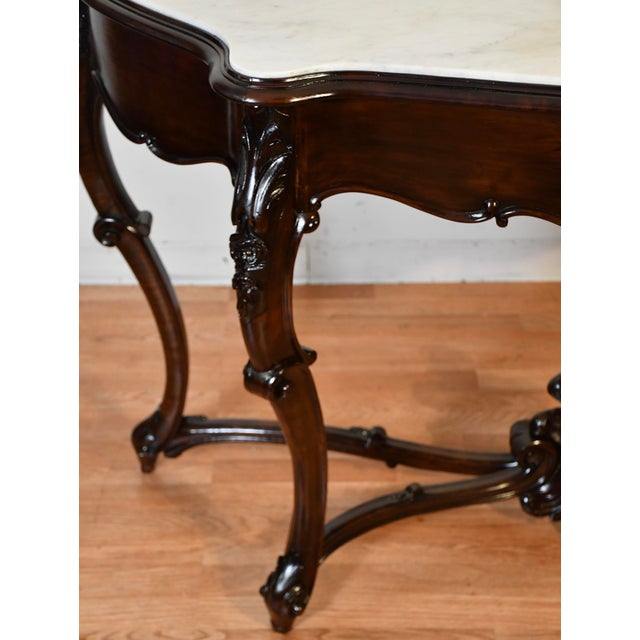 Brown 1880s Antique French Louis XV Hand Carved Walnut & Marble Top Console Sofa Table For Sale - Image 8 of 18