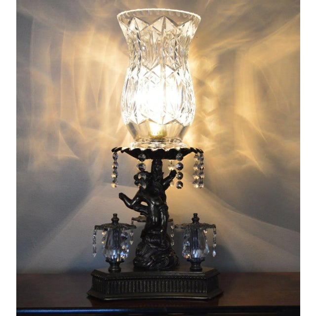 Hollywood Regency Loevsky Loevsky L&l Putto Cherub Lamp Glass Shade With Pineapple Design Statement Piece Large Vintage Lamp For Sale - Image 3 of 12