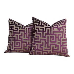 Pair of Jim Thompson “Apollon” Aubergine Greek Key Cut Velvet Custom Pillows 22x22 In.