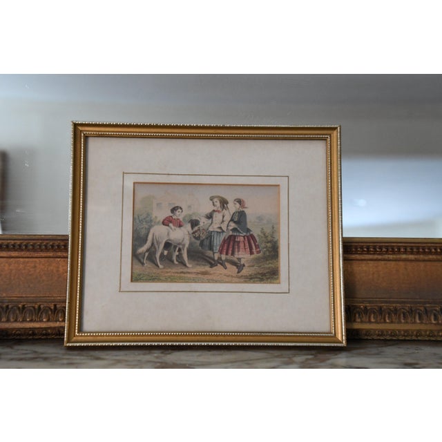 A set of four antique hand-colored prints depicting traditional pastoral and figurative scenes, each presented under mat...