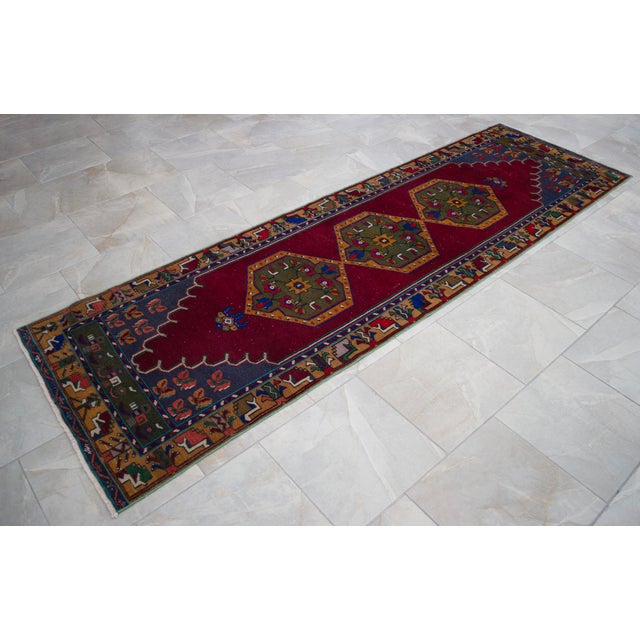 1960s 1960s Hand-Knotted Turkish Rug Runner. Tribal Short Runner Rug 3′ × 9′8″ For Sale - Image 5 of 16
