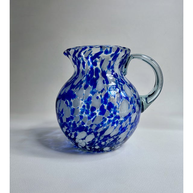 Vintage Hand Blown Murano Style Art Glass Blue and White Splatter handled Jug. Water. Vase. Margaritas. Sangria. Punch....