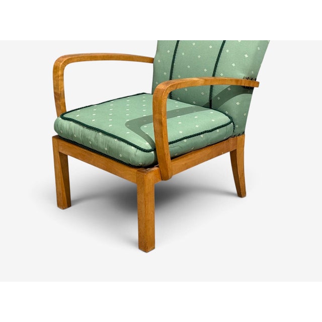Green Swedish Modern, Lounge Chairs, Hardwood, Fabric, Sweden, 1940s For Sale - Image 8 of 11