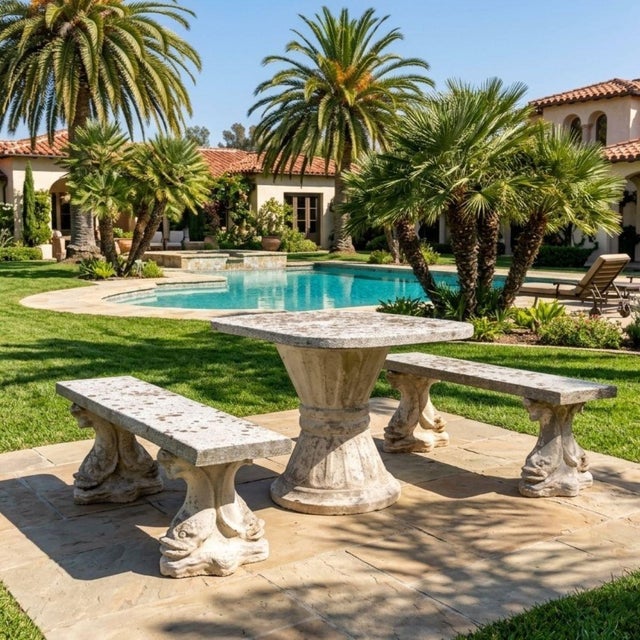 Garden Set with Table and Two Benches, Set of 3 For Sale - Image 3 of 13