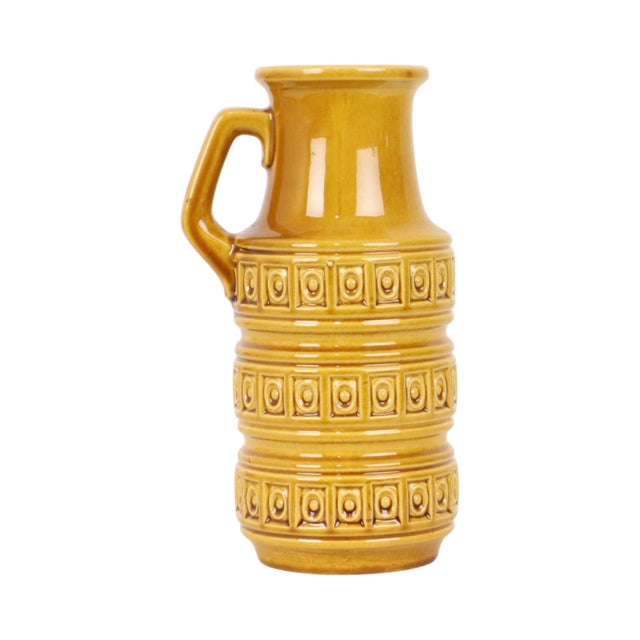 Vintage Scheurich vase—the design is known as "Inka"—featuring amber-colored glazed crackle ceramic with patterns; West...