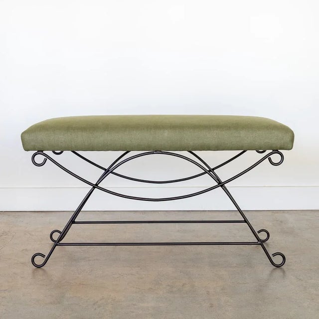 French Iron Loop Bench, Green Linen For Sale - Image 3 of 9