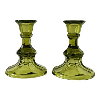 1970s Smoky Green Candle Stick Holders - a Pair For Sale