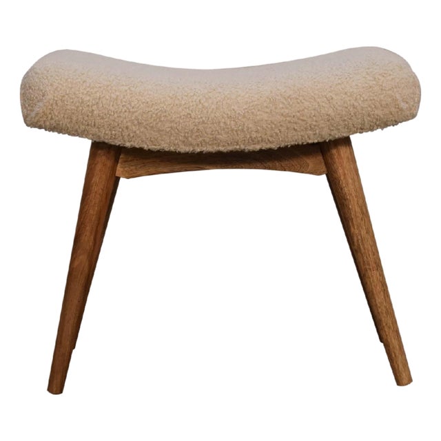 Curved Bouclé Upholstered Bench With Solid Wood Base For Sale
