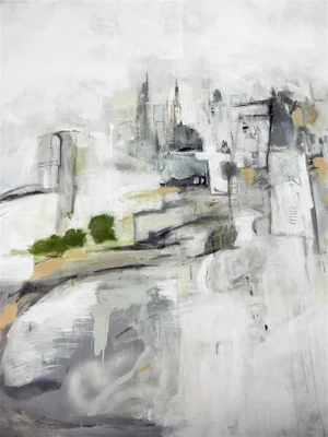Large Abstract Grey Black Urban Cityscape Painting Titled ‘New York, Encroachment’ by Michele Zuzalek