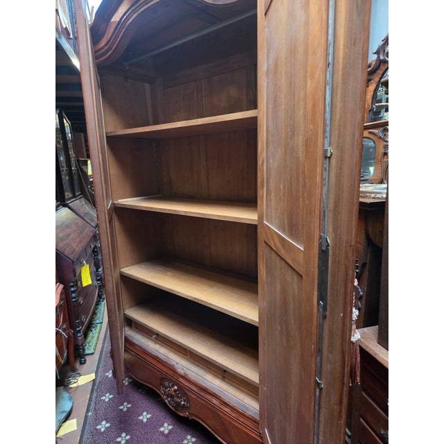 French Provincial Antique French Louis XV Walnut Armoire Dual Beveled Mirrored Doors For Sale - Image 3 of 12