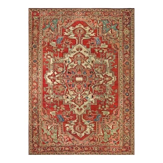 1880s Coral Classic Geometric Heriz Design Medallion Antique Persian Serapi Rug For Sale