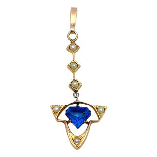 14k Gold Dangling Pendant With Blue Sapphire & Seed Pearls For Sale