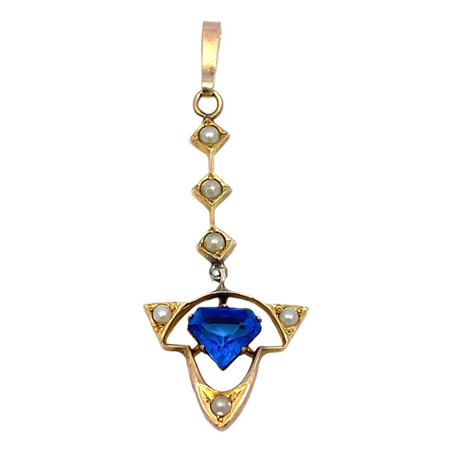 14k Gold Dangling Pendant With Blue Sapphire & Seed Pearls For Sale