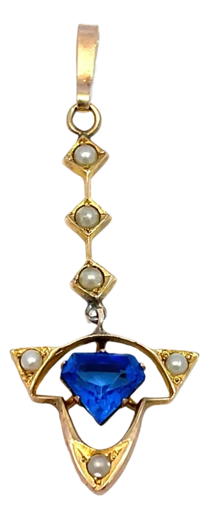 14k Gold Dangling Pendant With Blue Sapphire & Seed Pearls