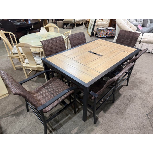Mid-Century Modern Woodgrain Tile Top Patio Table Dining Set - Six Chairs For Sale - Image 3 of 7