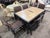 Mid-Century Modern Woodgrain Tile Top Patio Table Dining Set - Six Chairs For Sale - Image 3 of 7