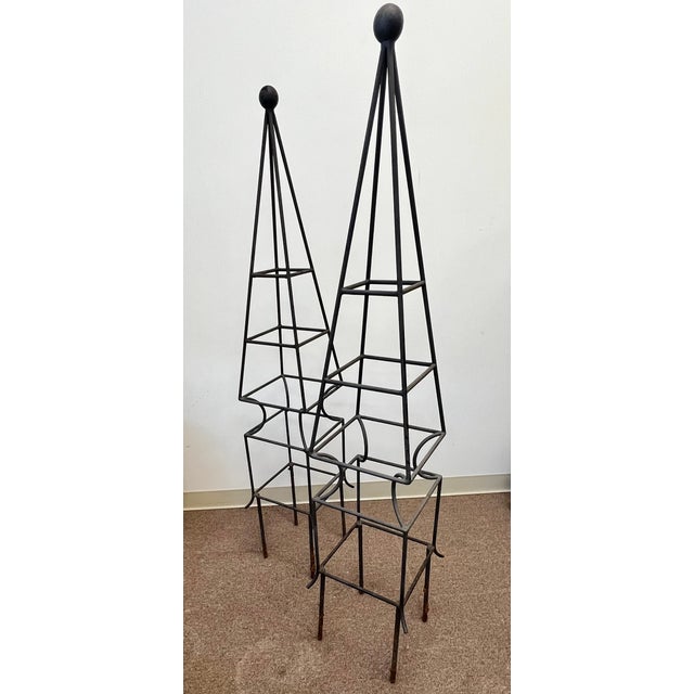 Pair of Obelisk Shaped Garden Topiary Forms in Wrought Iron For Sale - Image 4 of 7